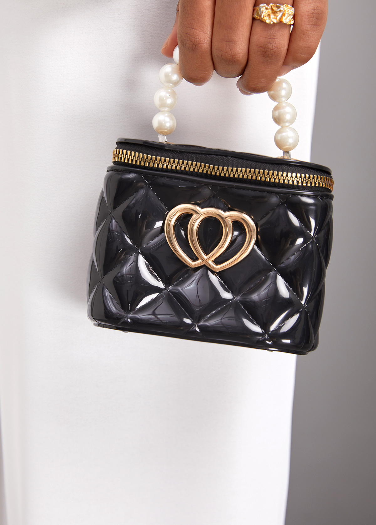 Black Zip Chains Pearl Shoulder Bag