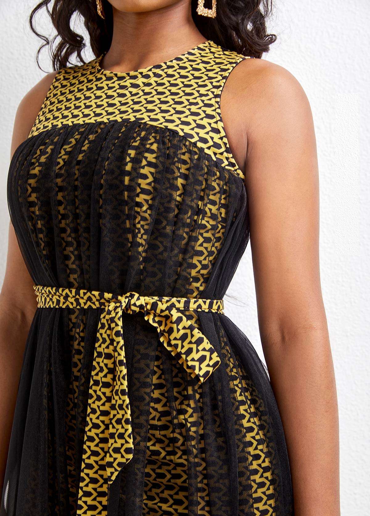 Chevron Print Mesh Belted Black Maxi Dress