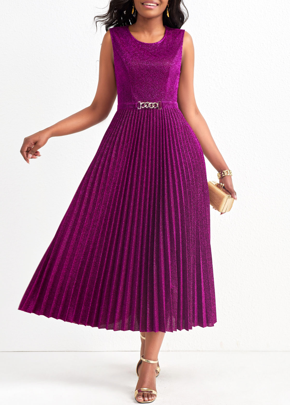 Pleated Dark Reddish Purple Shinning Round Neck Sleeveless Dress