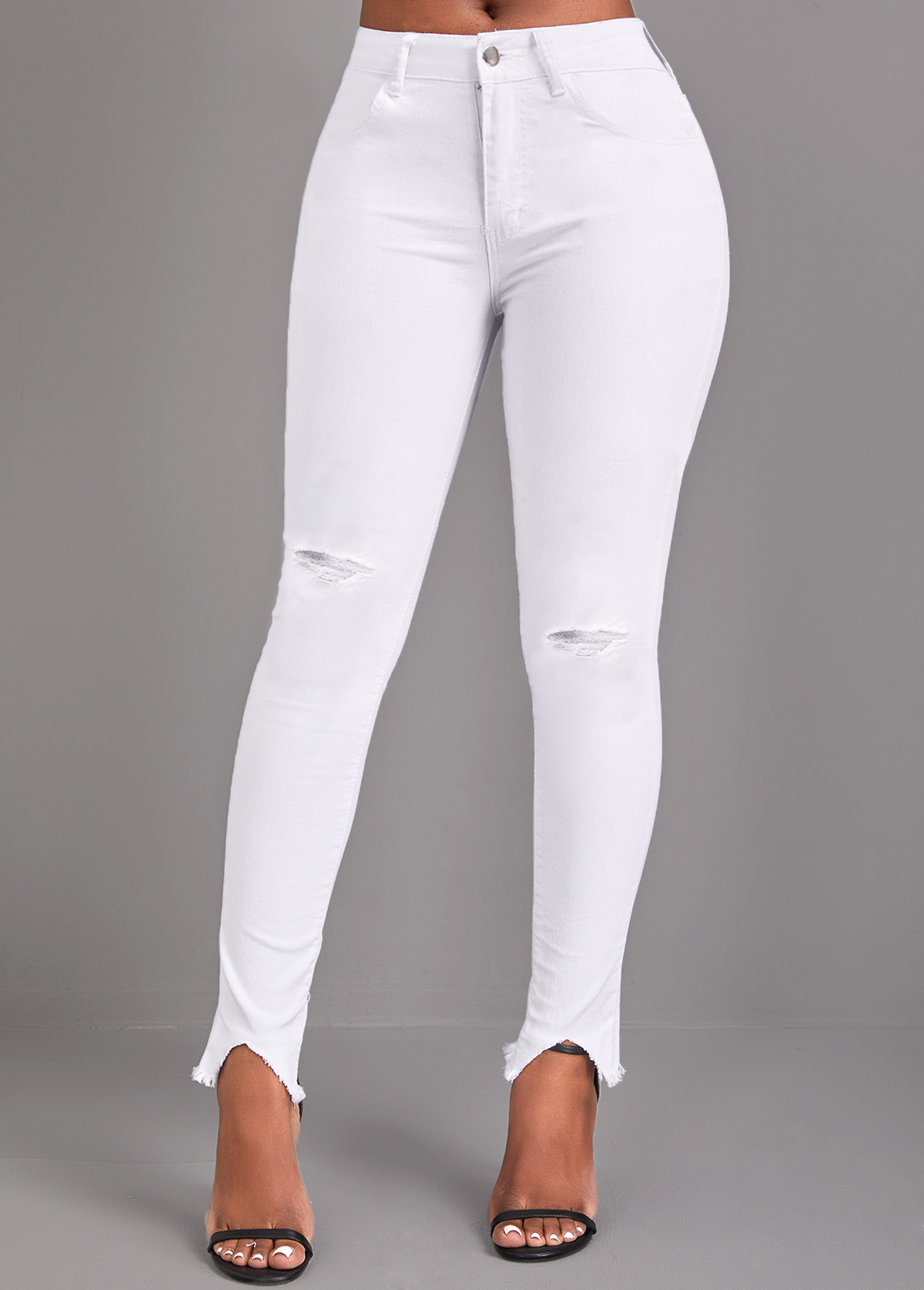 Button White High Waisted Skinny Jeans | Rosewe.com - USD $26.98