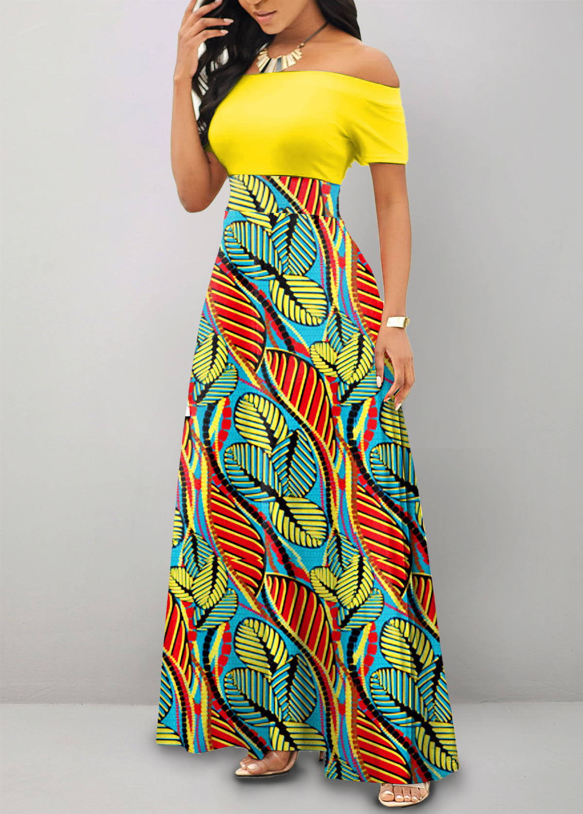 Multi Color Off Shoulder Leaf Print Maxi Dress