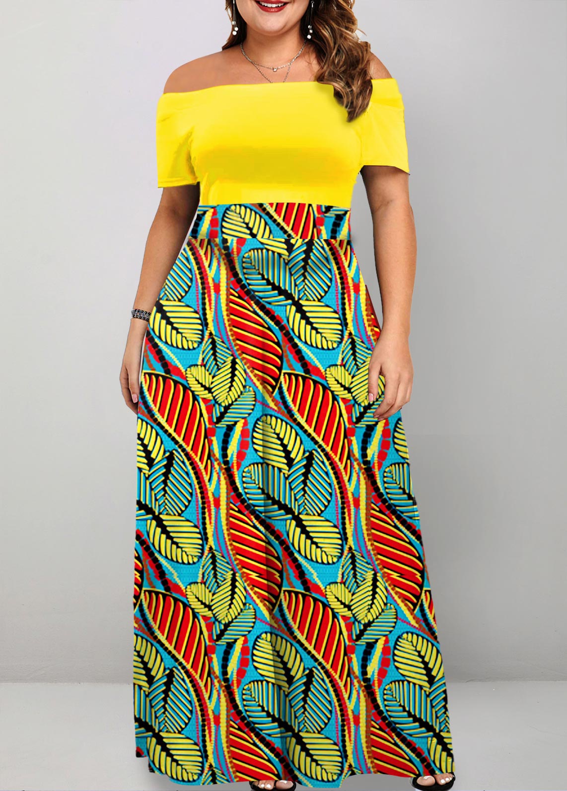 Multi Color Off Shoulder Leaf Print Maxi Dress