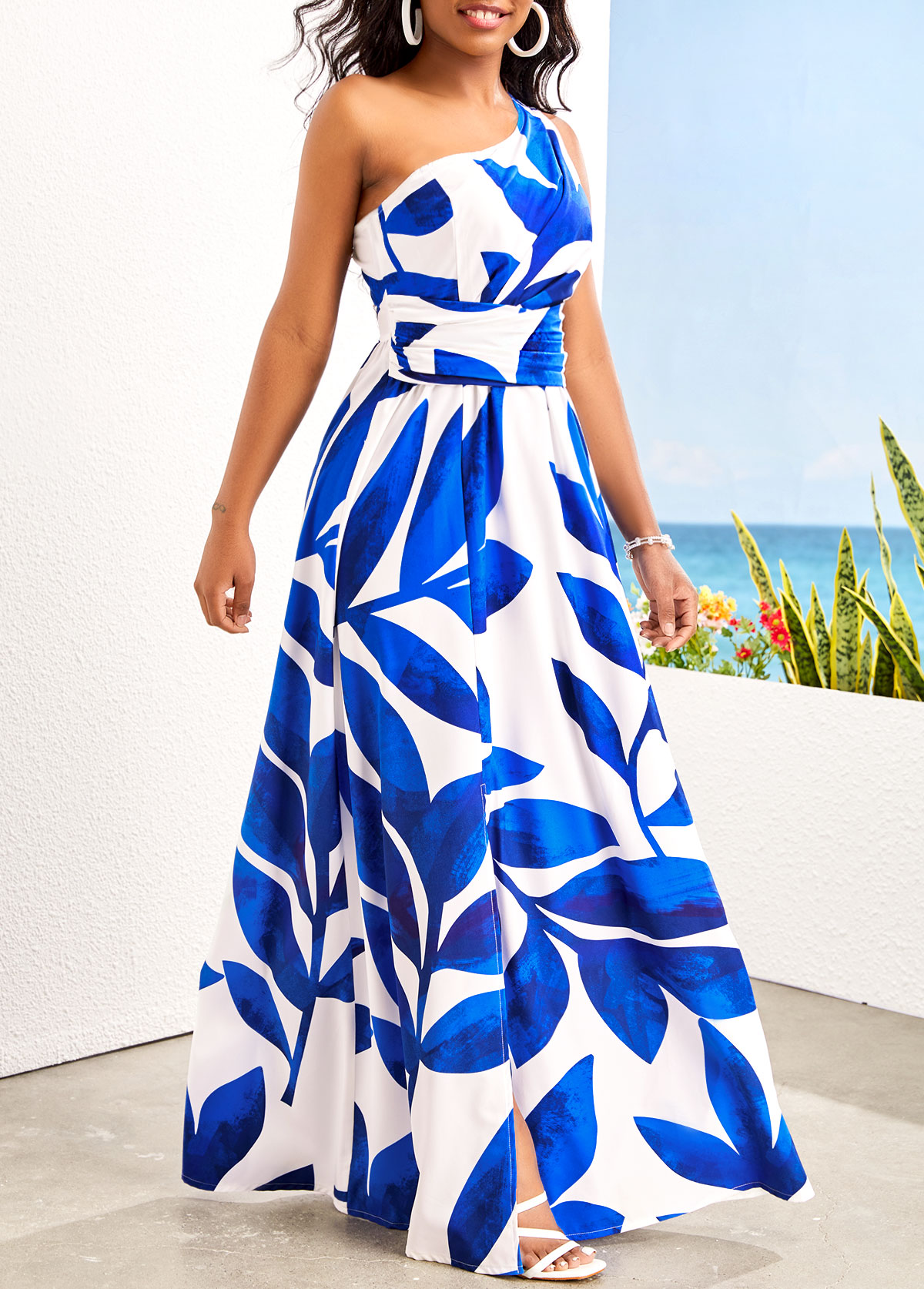 Leaf Print Asymmetry Blue One Shoulder Maxi Dress