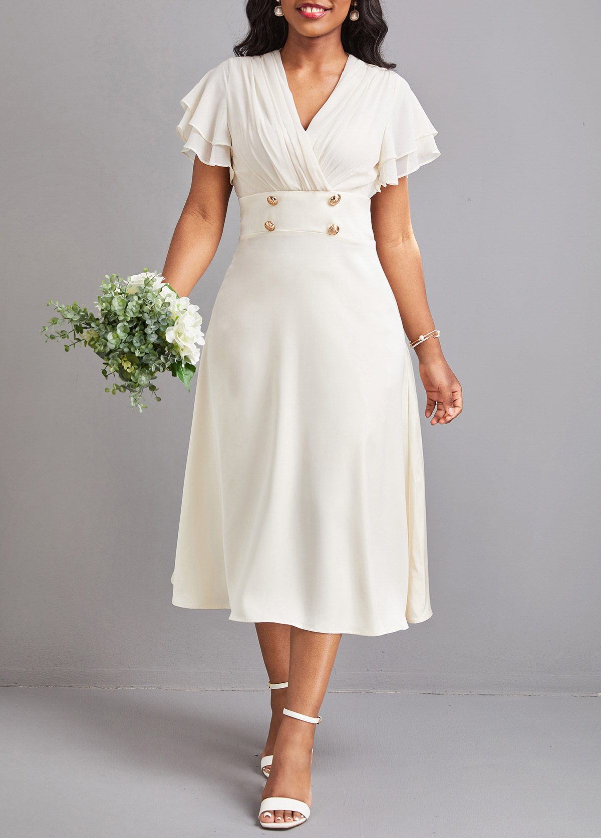 Beige V Neck Short Sleeve Button Dress