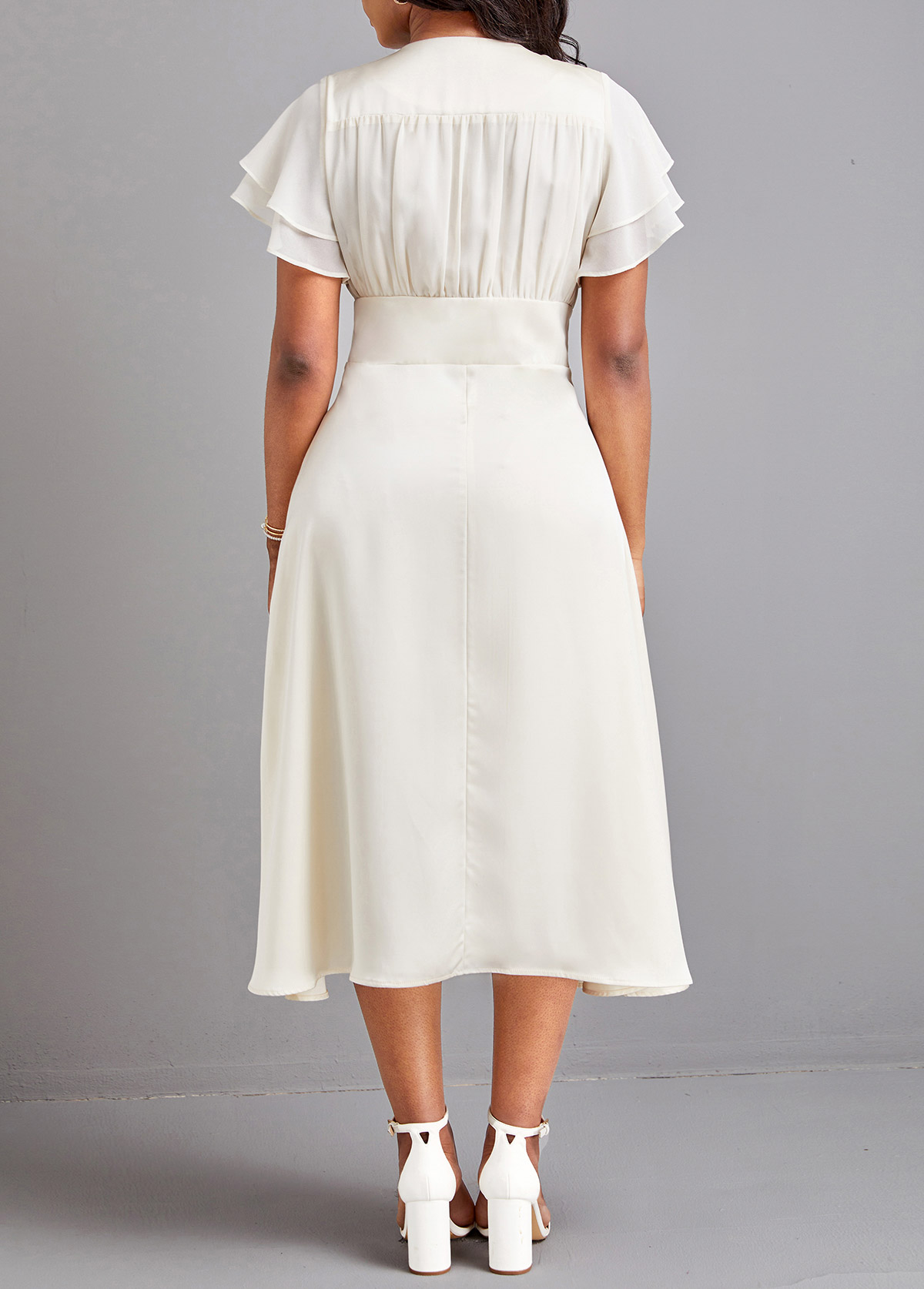 Beige V Neck Short Sleeve Button Dress