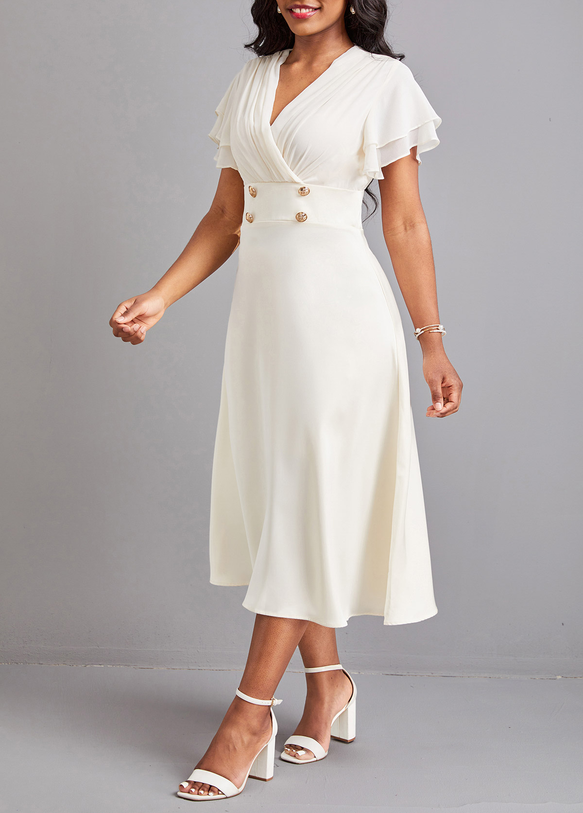 Beige V Neck Short Sleeve Button Dress