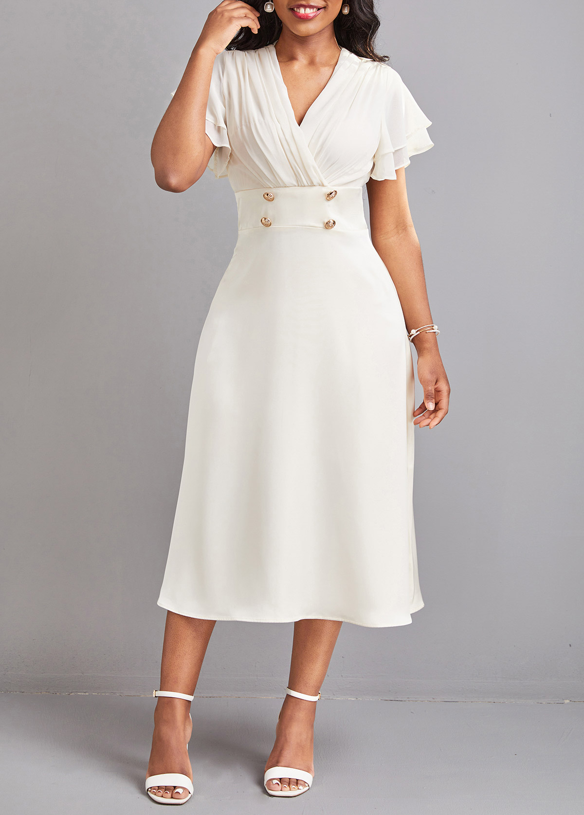 Beige V Neck Short Sleeve Button Dress