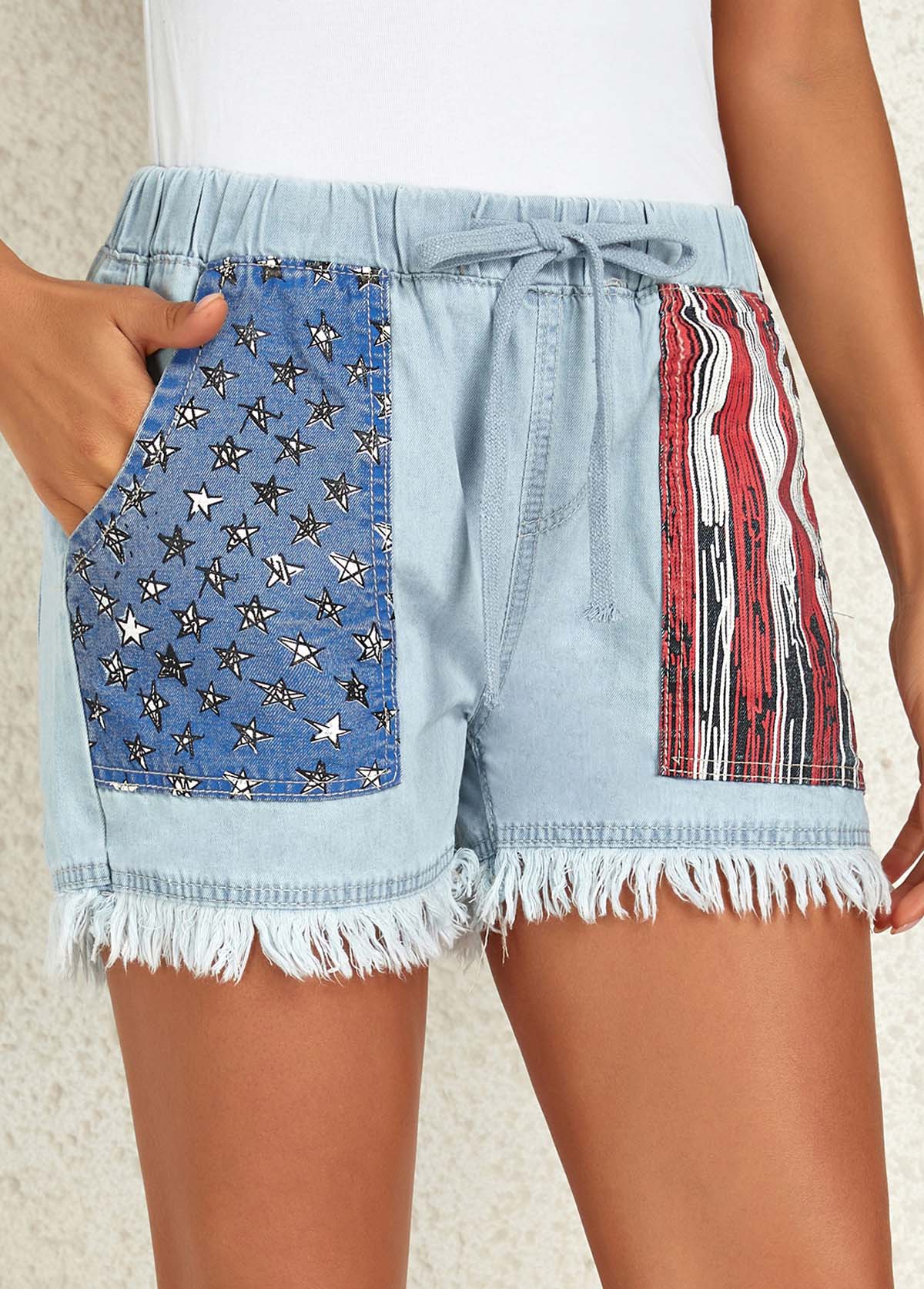 Flag Print Pocket Dusty Blue Regular Drawastring Jeans