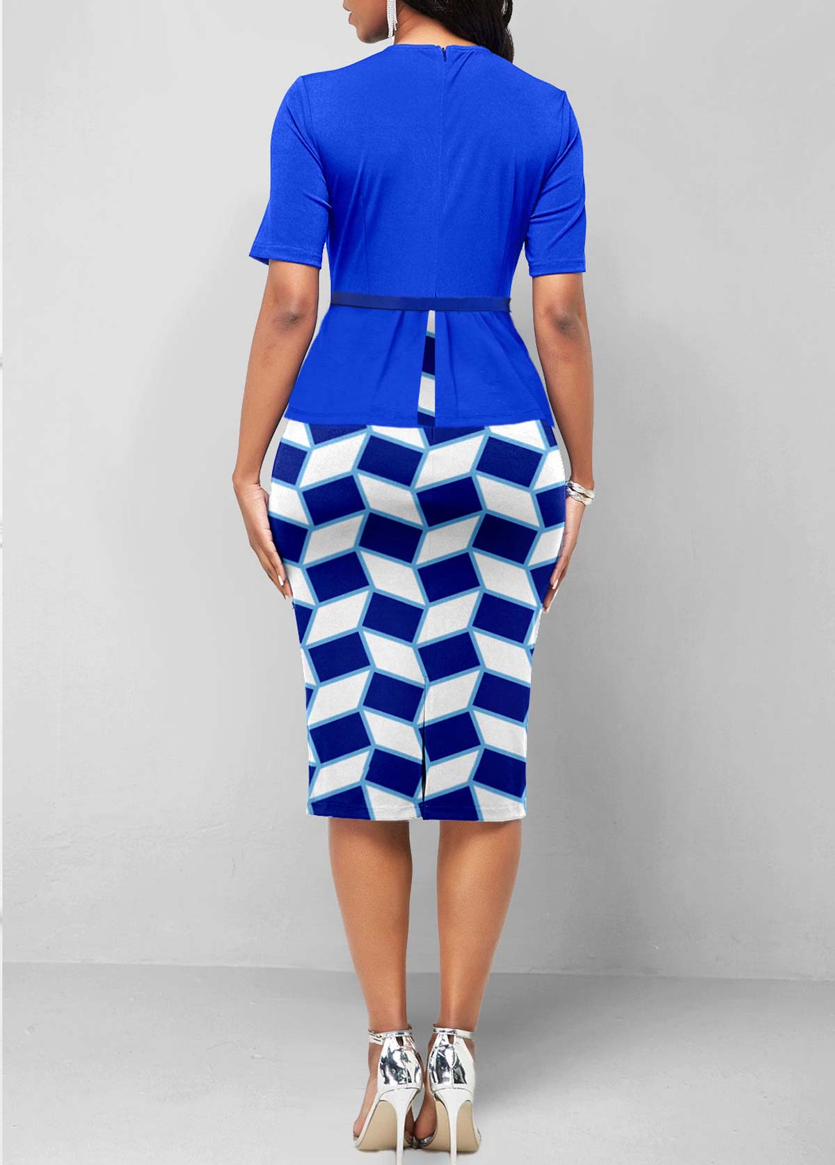 Geometric Print Fake 2in1 Belted Royal Blue Dress