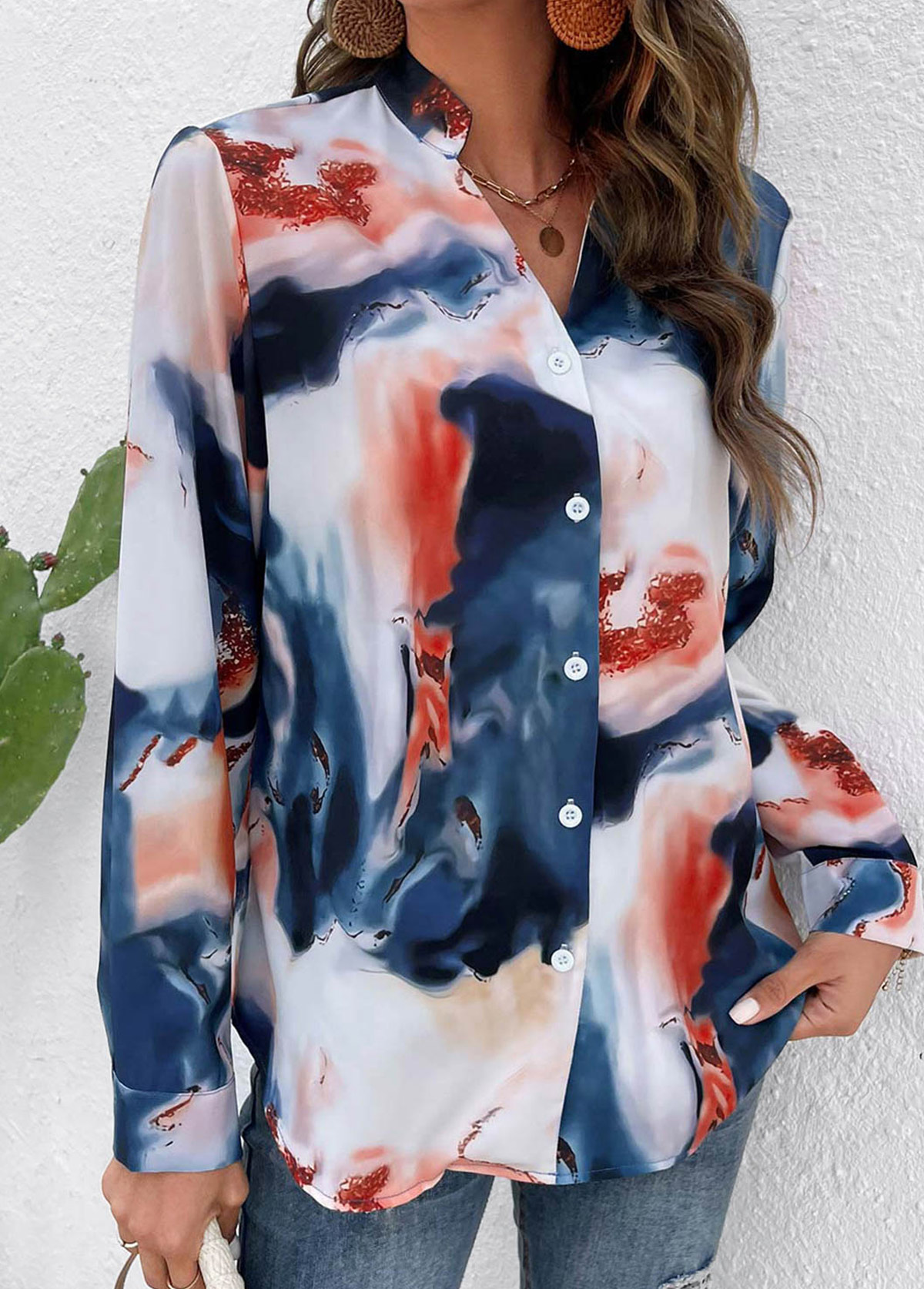 Ink Painting Print Button Multi Color Blouse