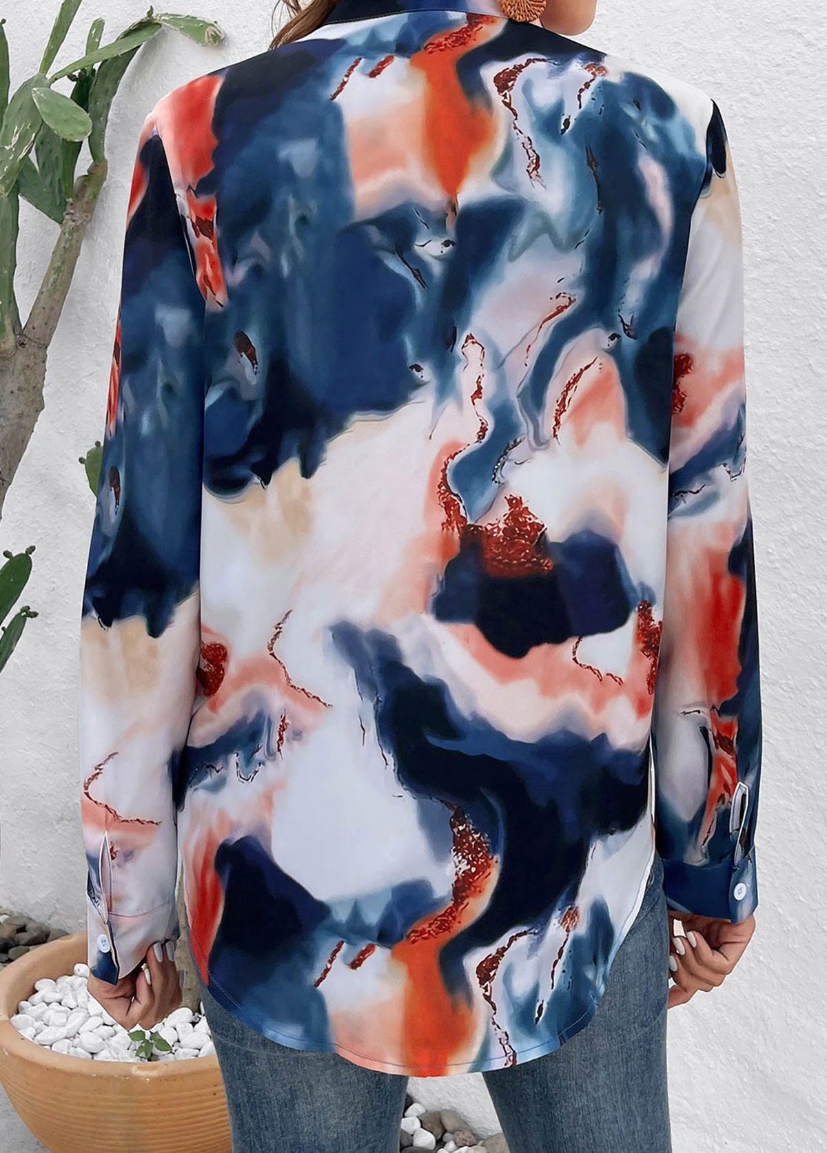 Ink Painting Print Button Multi Color Blouse