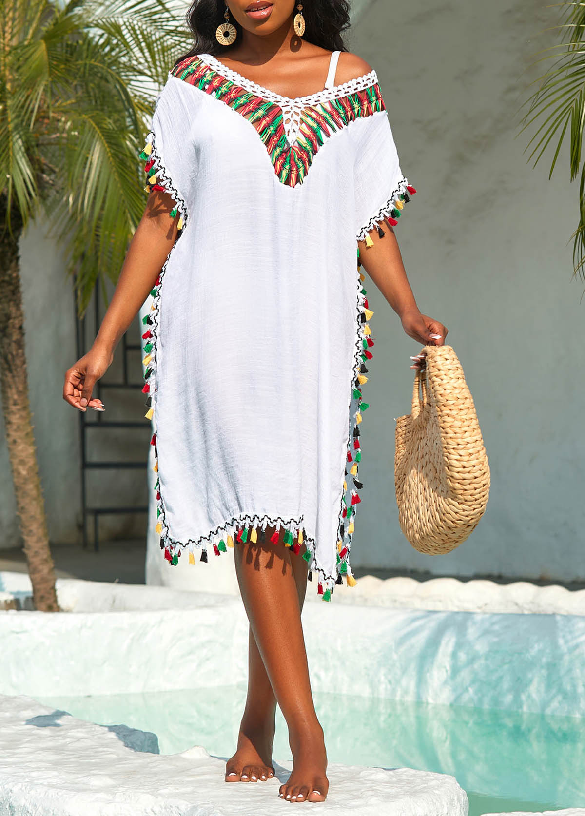 Tassel White Patchwork Weave Cover Up