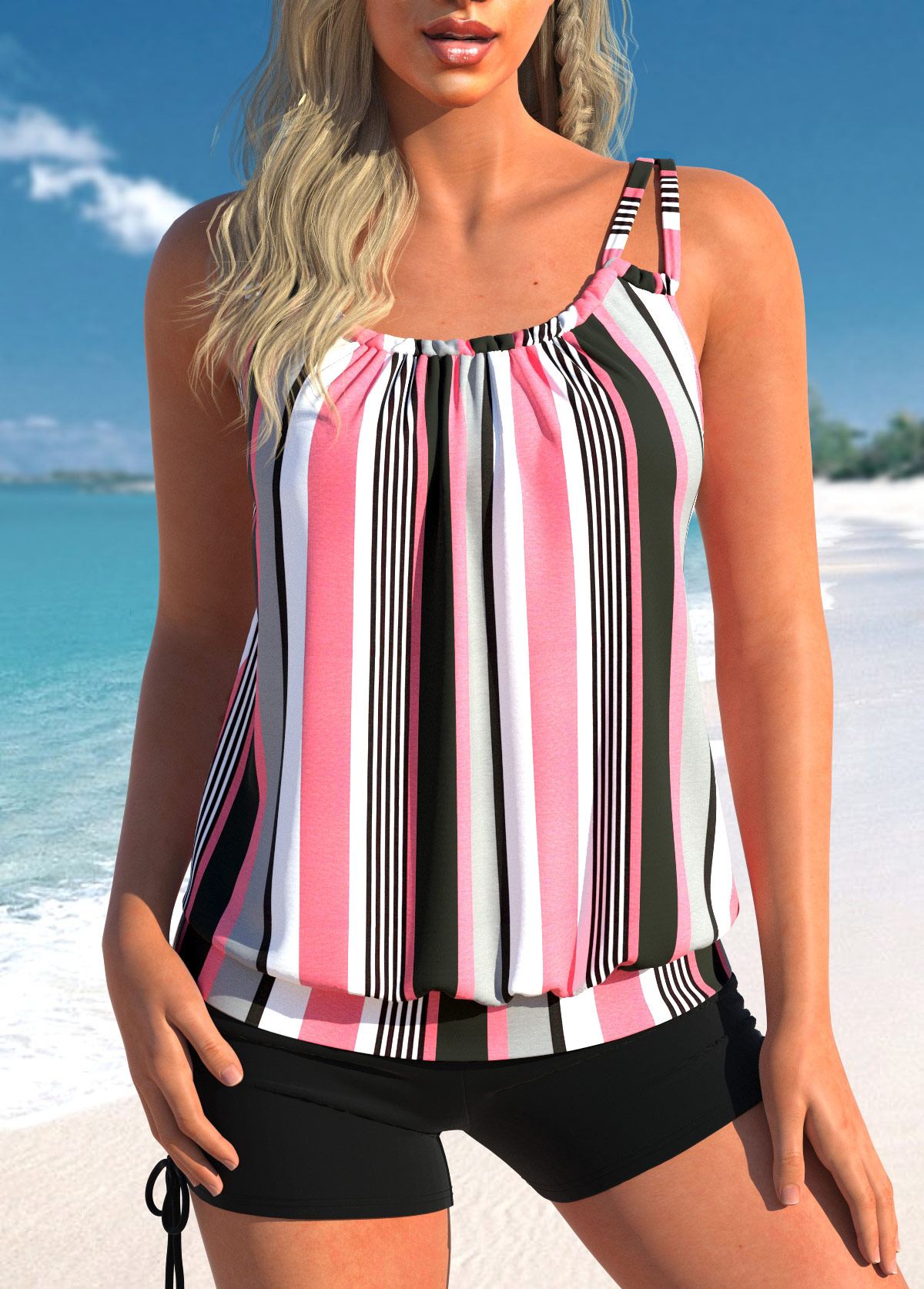 Striped Ruched Light Pink Tankini Top-No Bottom