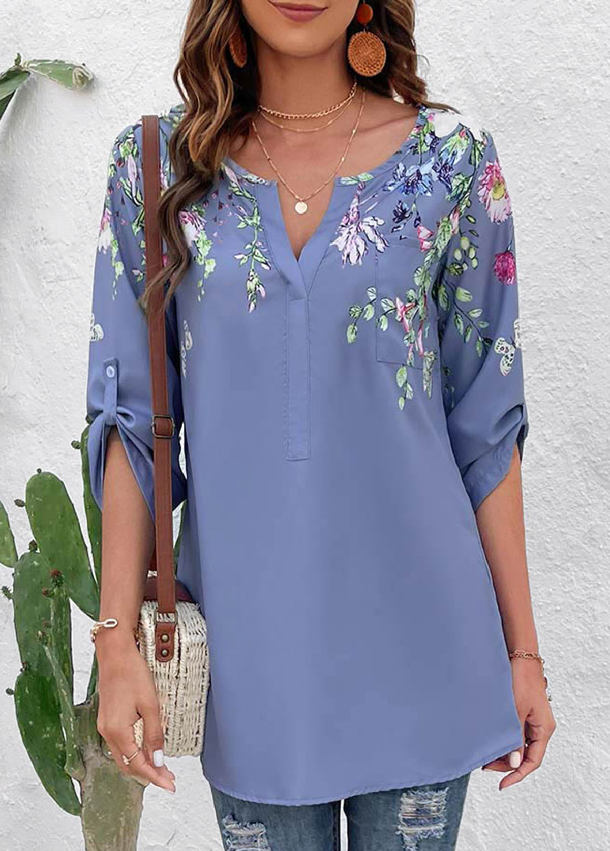 Floral Print Button Dusty Blue Split Neck Blouse