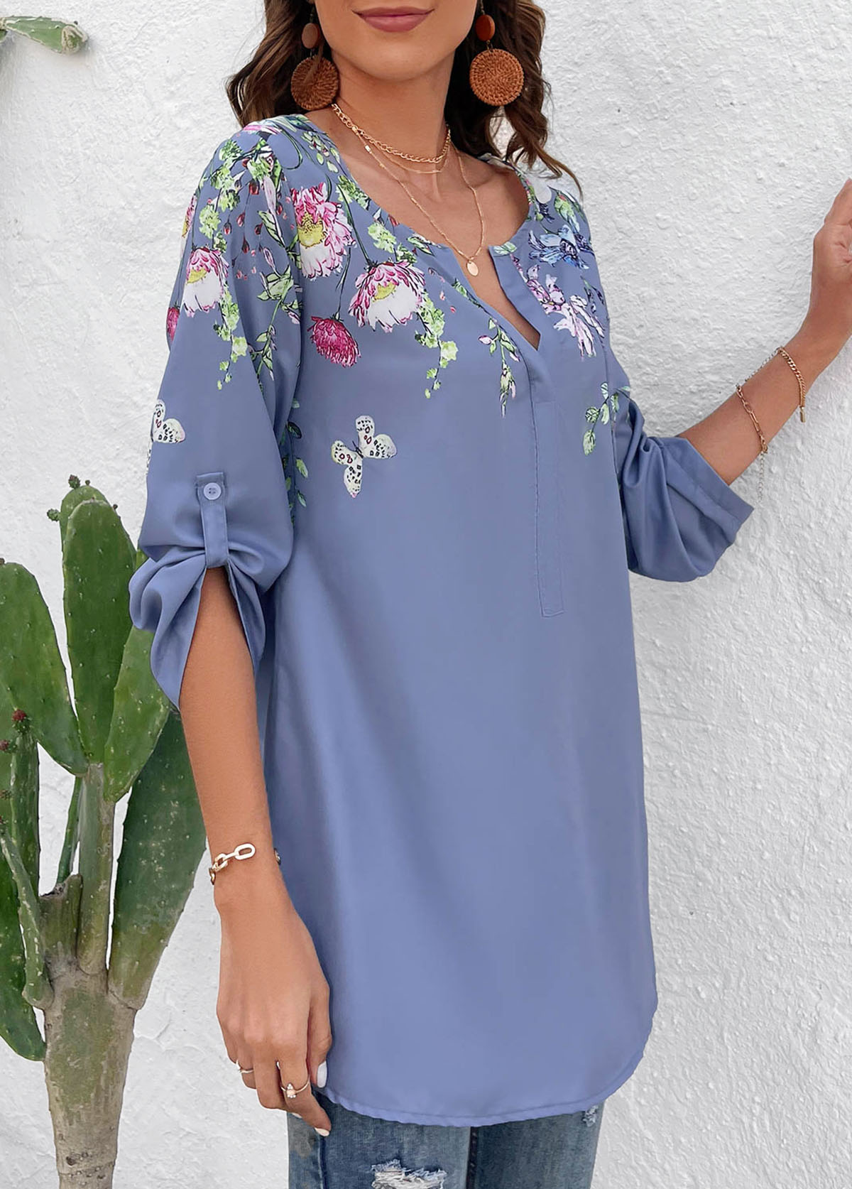 Floral Print Button Dusty Blue Split Neck Blouse
