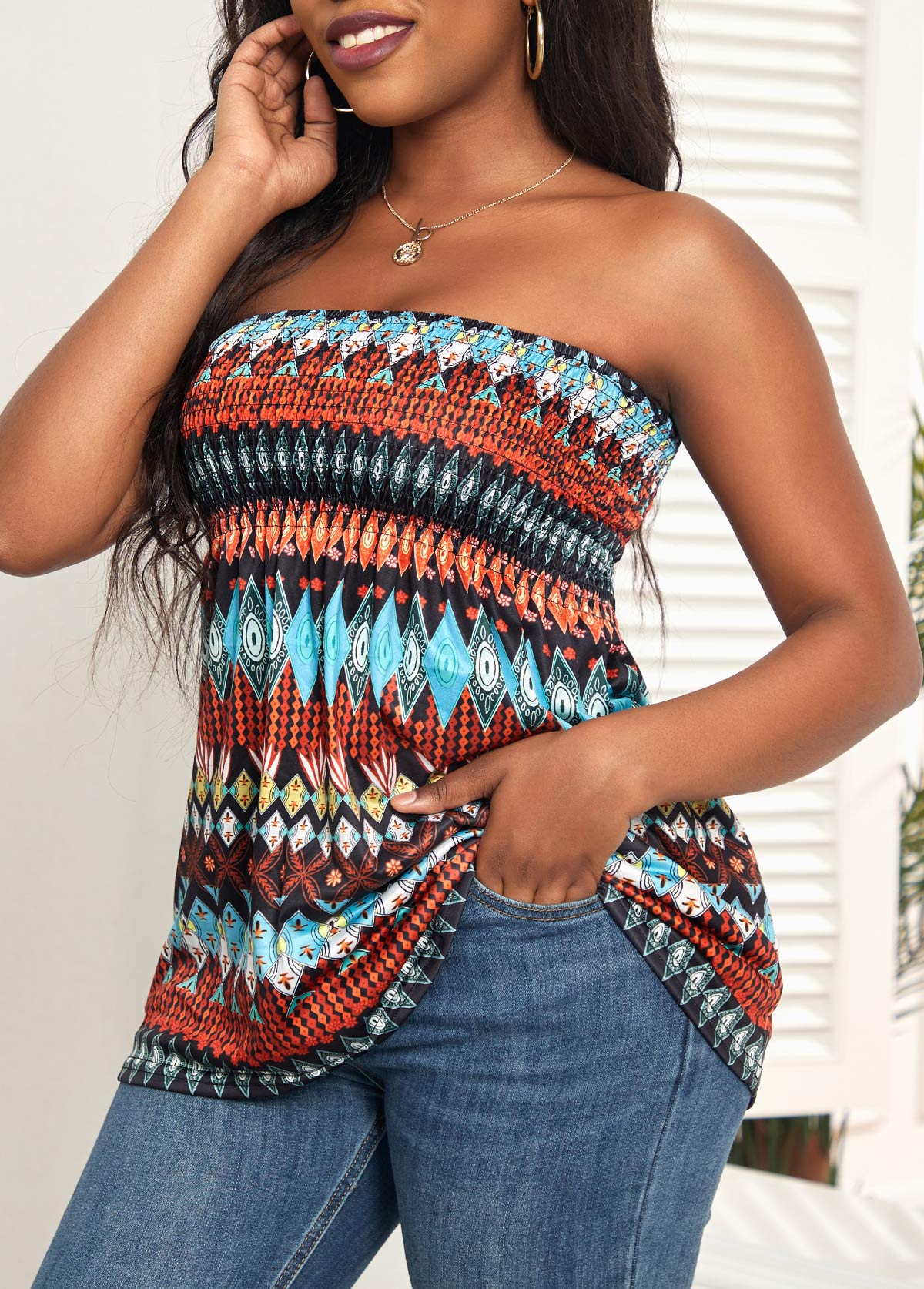 Tribal Print Ruched Multi Color Bandeau Tank Top