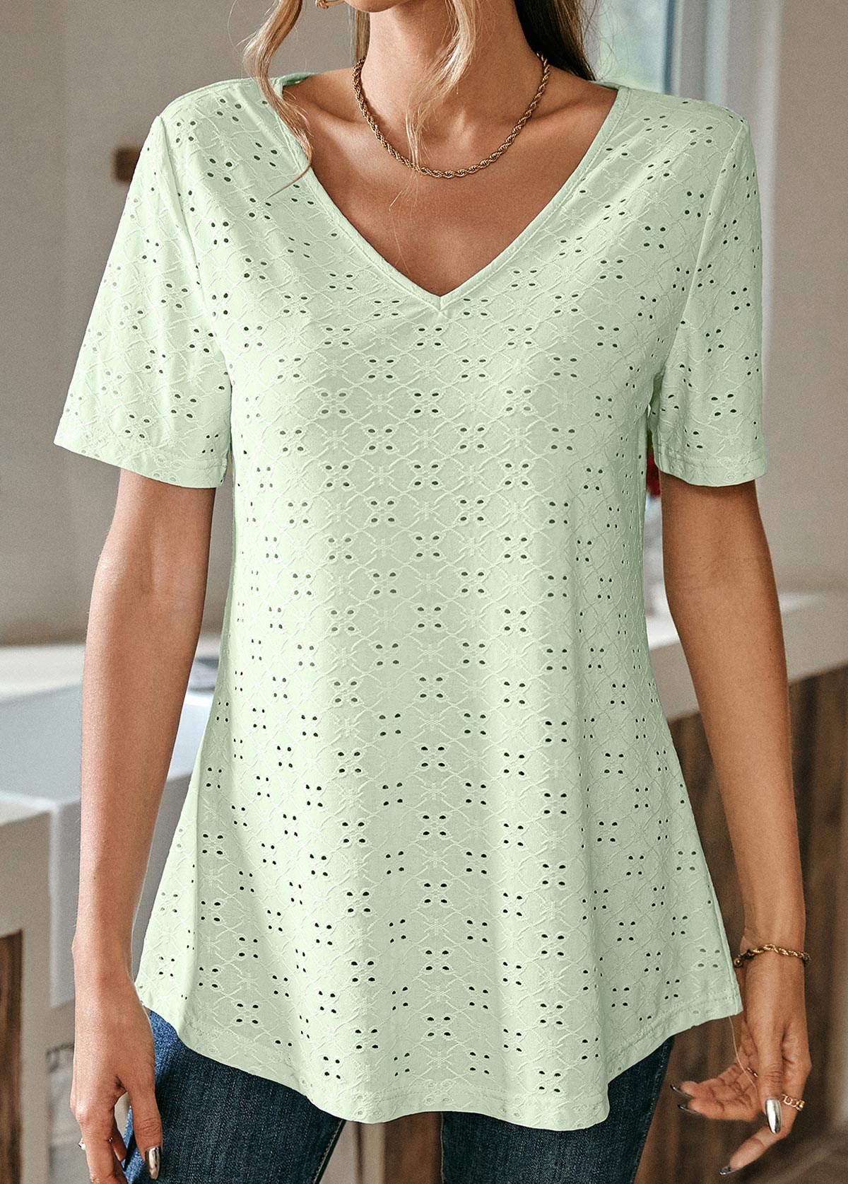 Light Green Round Neck Lace T Shirt