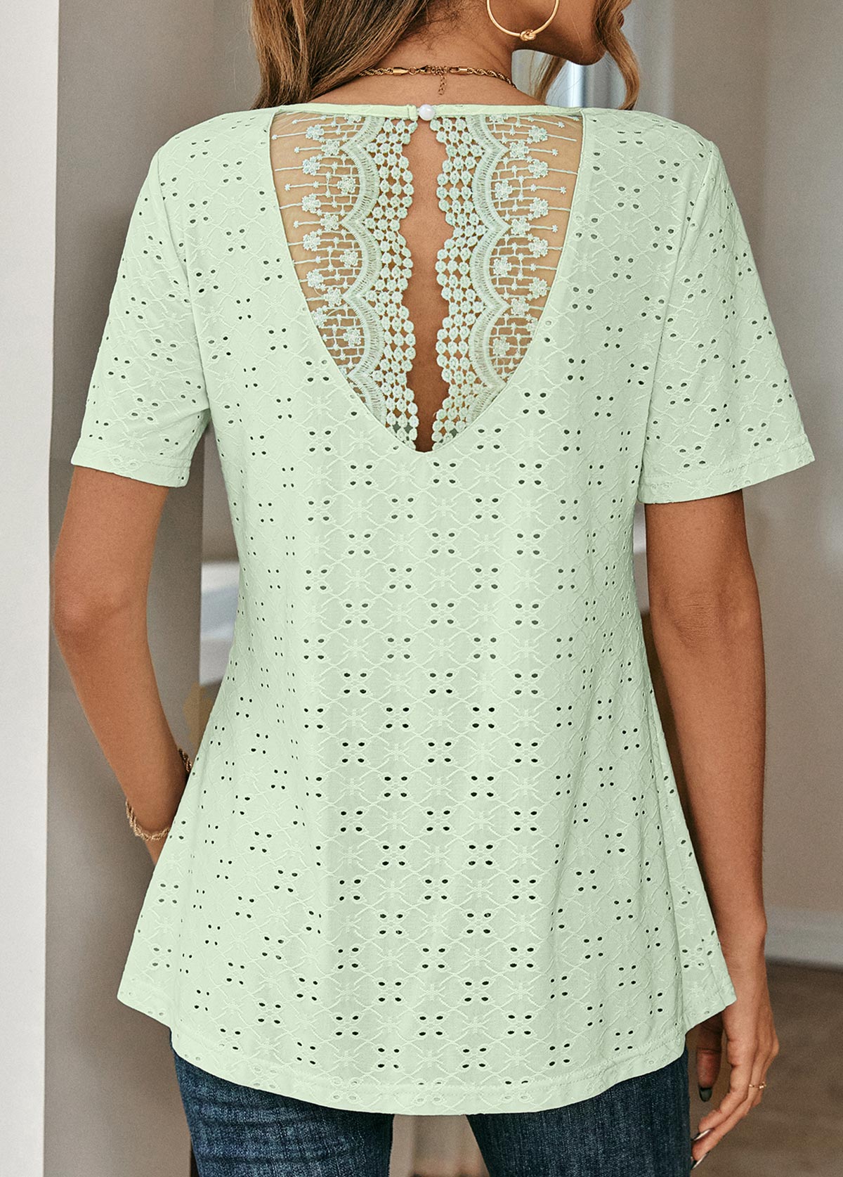 Light Green Round Neck Lace T Shirt