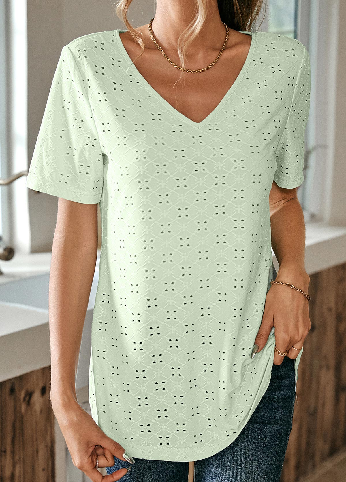 Light Green Round Neck Lace T Shirt