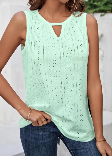 Cut Out Round Neck Light Green Tank Top