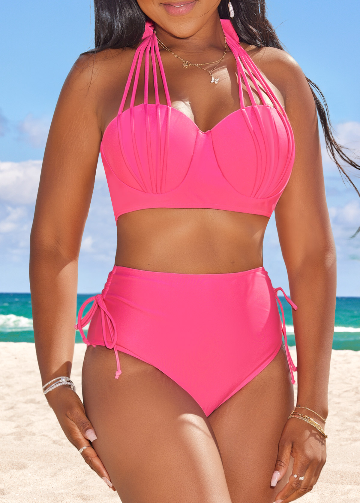 Mid Waisted Tie Peach Red Bikini Set