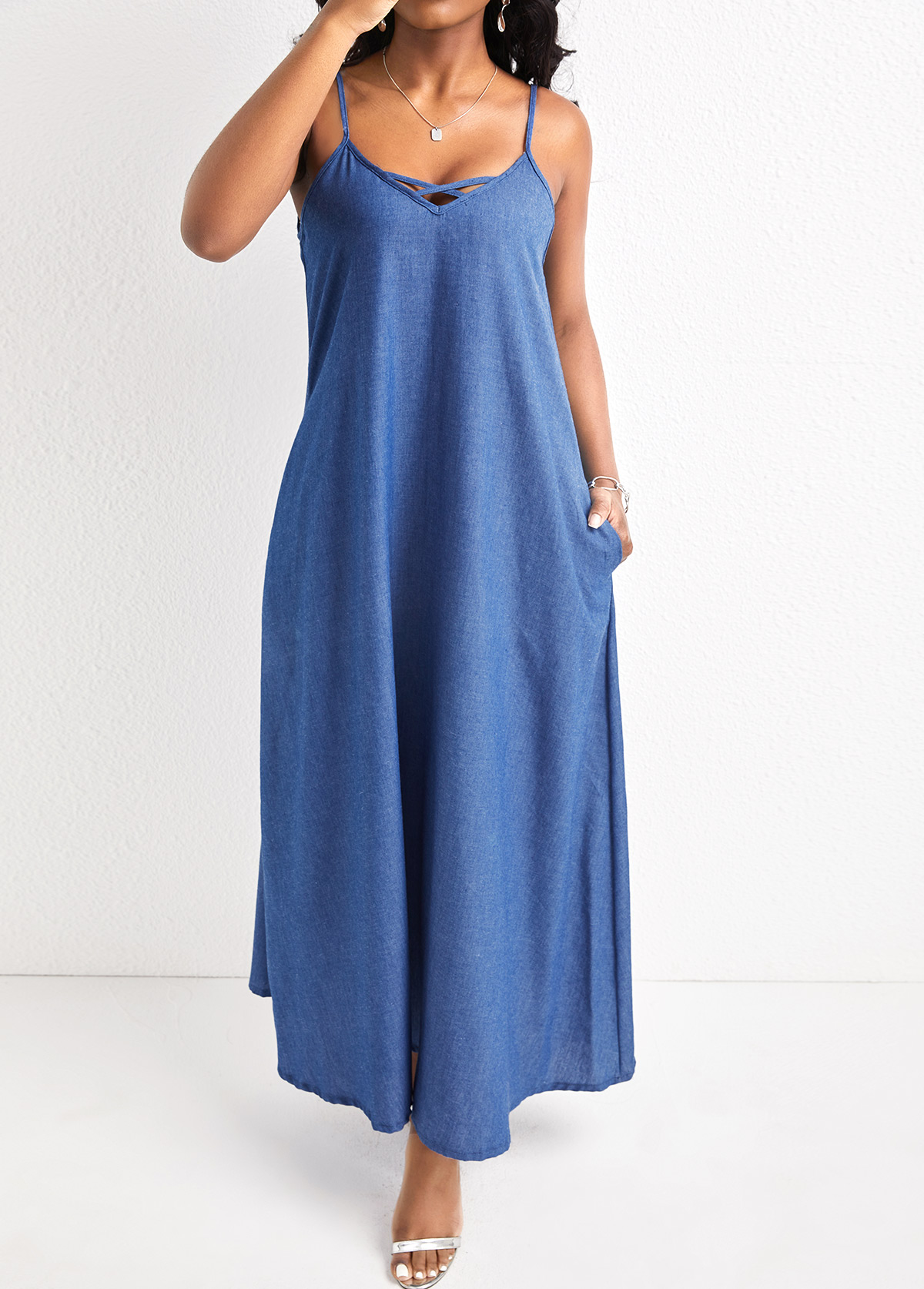 Denim Blue A Line Pocket Maxi Dress
