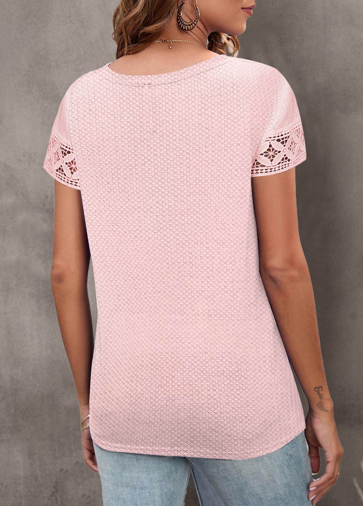 Light Pink Round Neck Short Sleeve Lace T Shirt