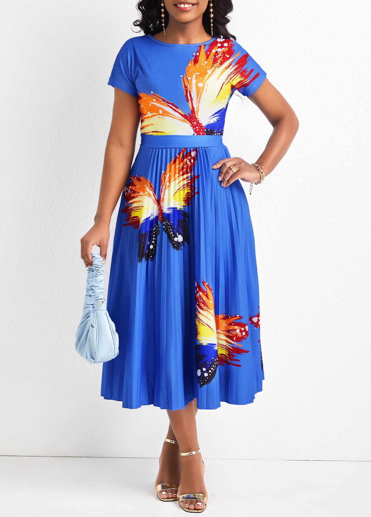 Butterfly Print Pleated Sky Blue Round Neck Dress