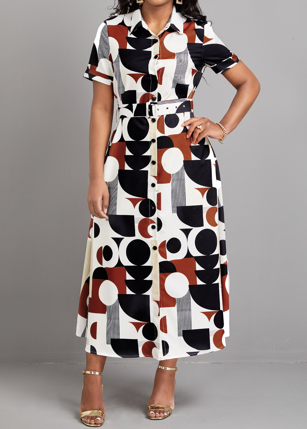 Geometric Print Button Belted Multi Color Dress