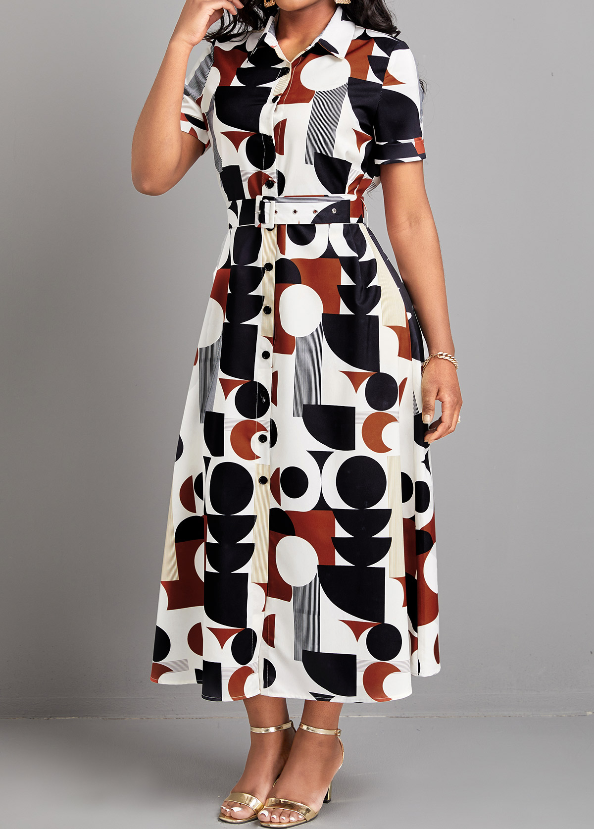 Geometric Print Button Belted Multi Color Dress