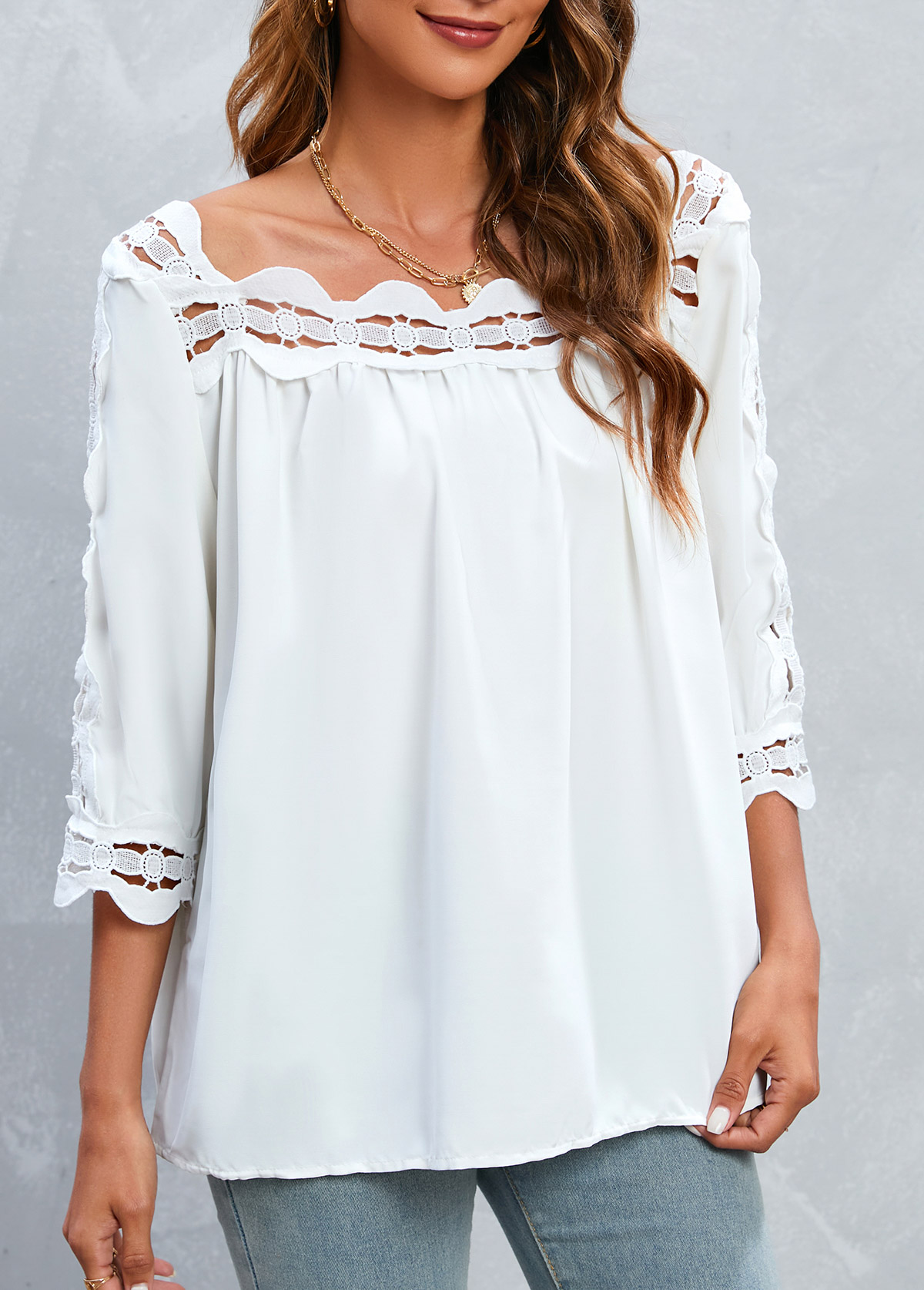 White Square Neck Patchwork 3/4 Sleeve Blouse
