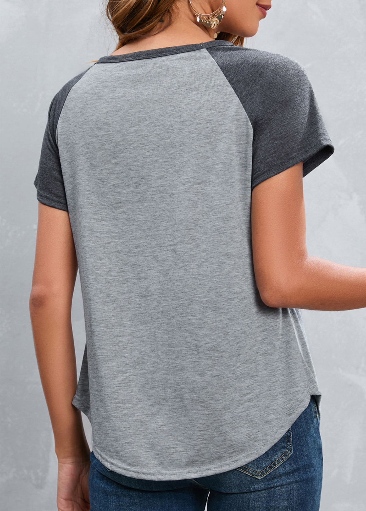 Grey Round Neck Short Sleeve Patchwork T Shirt
