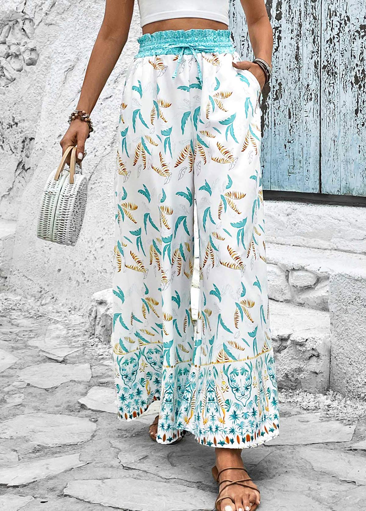 Mint Green Leaf Print Smocked Elastic Waist Pants