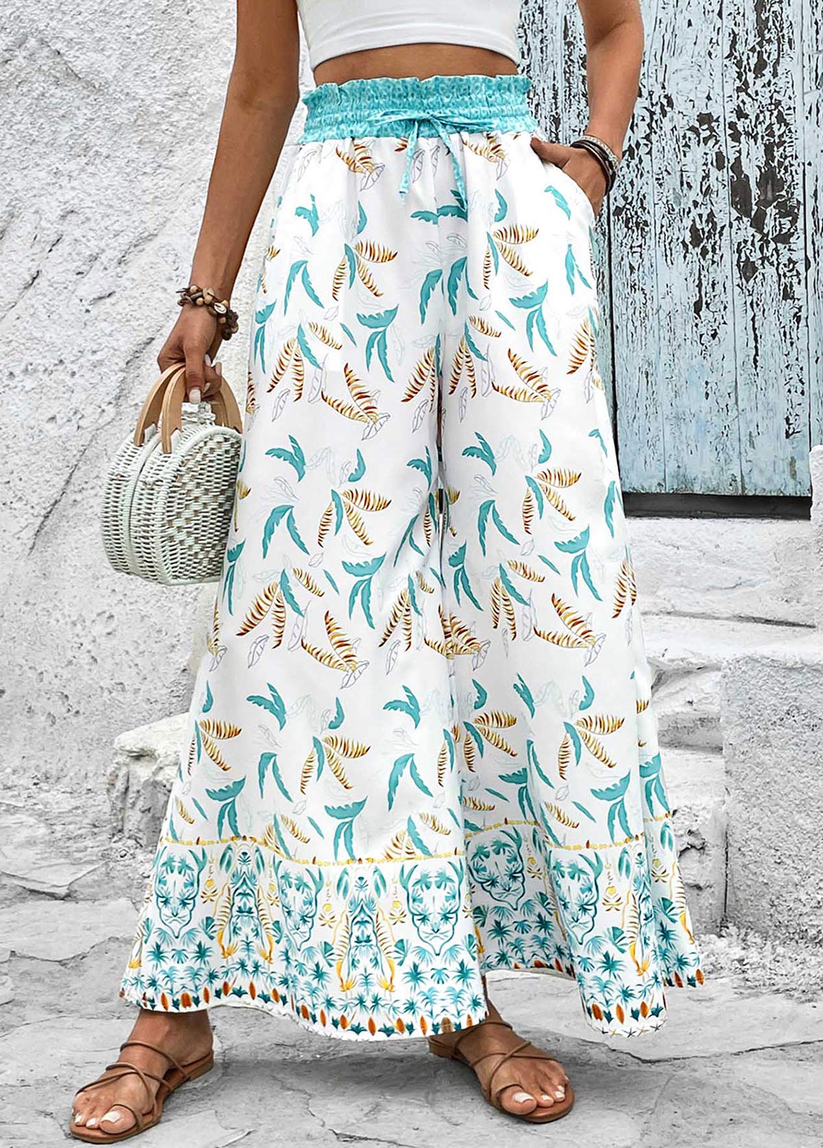 Mint Green Leaf Print Smocked Elastic Waist Pants