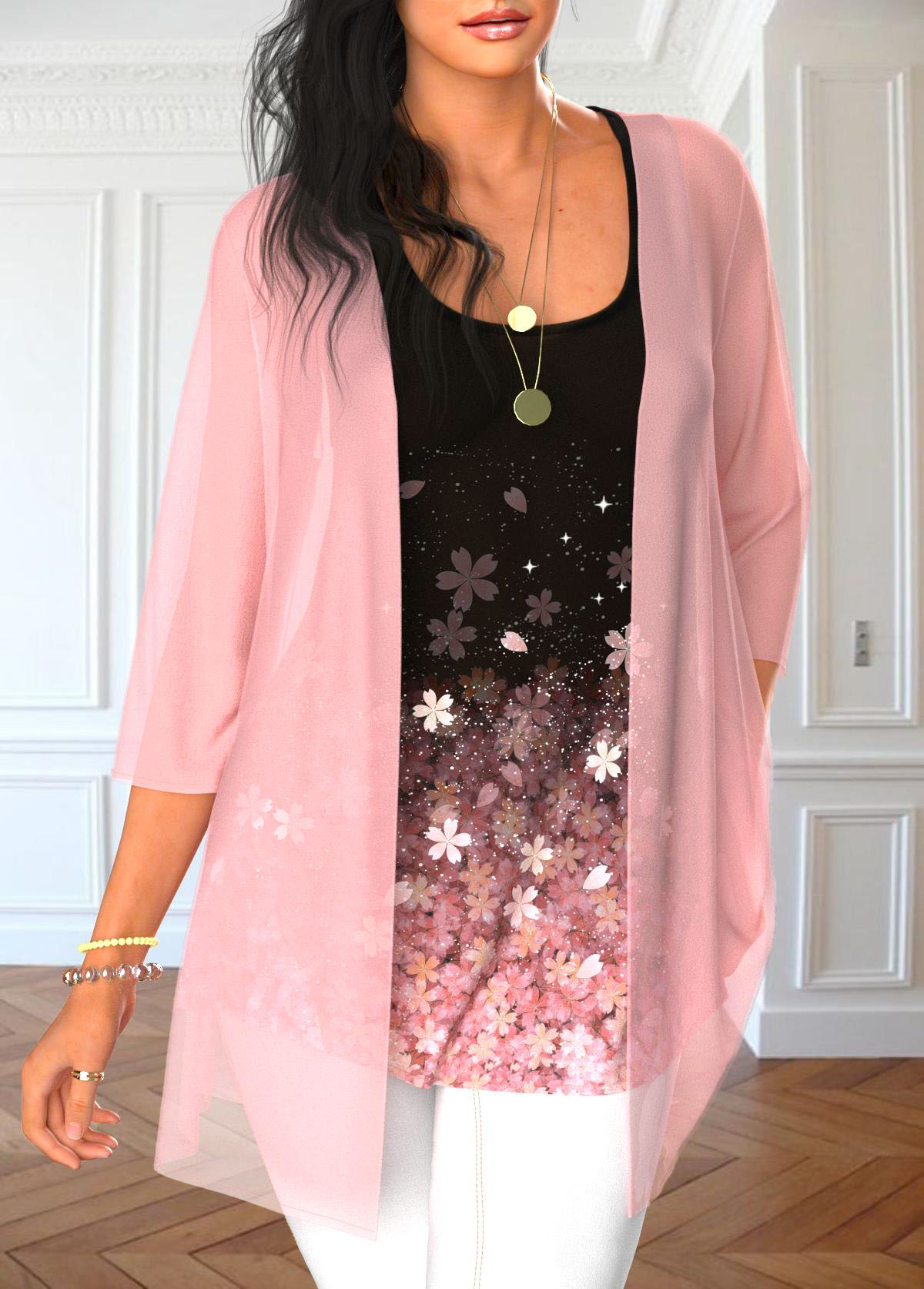 Light Pink Tank Top and Floral Print Cardigan