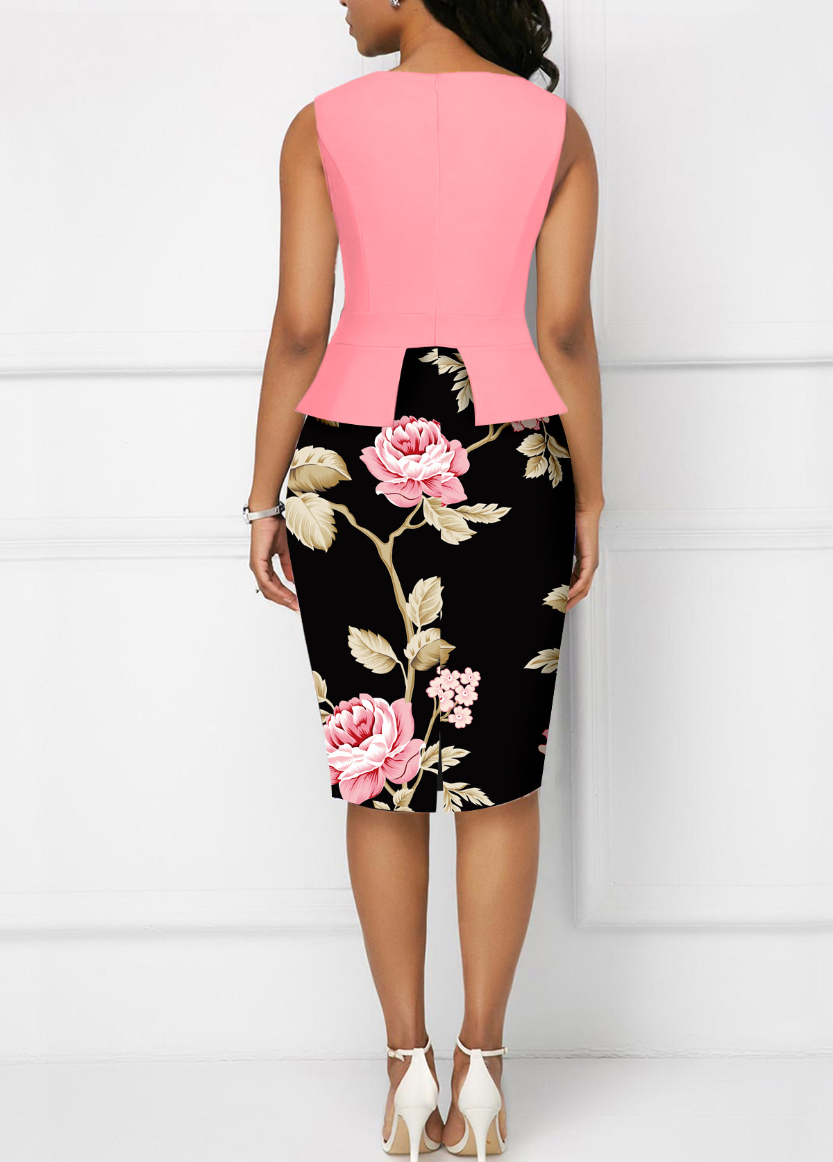 Floral Print Cut Out Pink Bodycon Dress