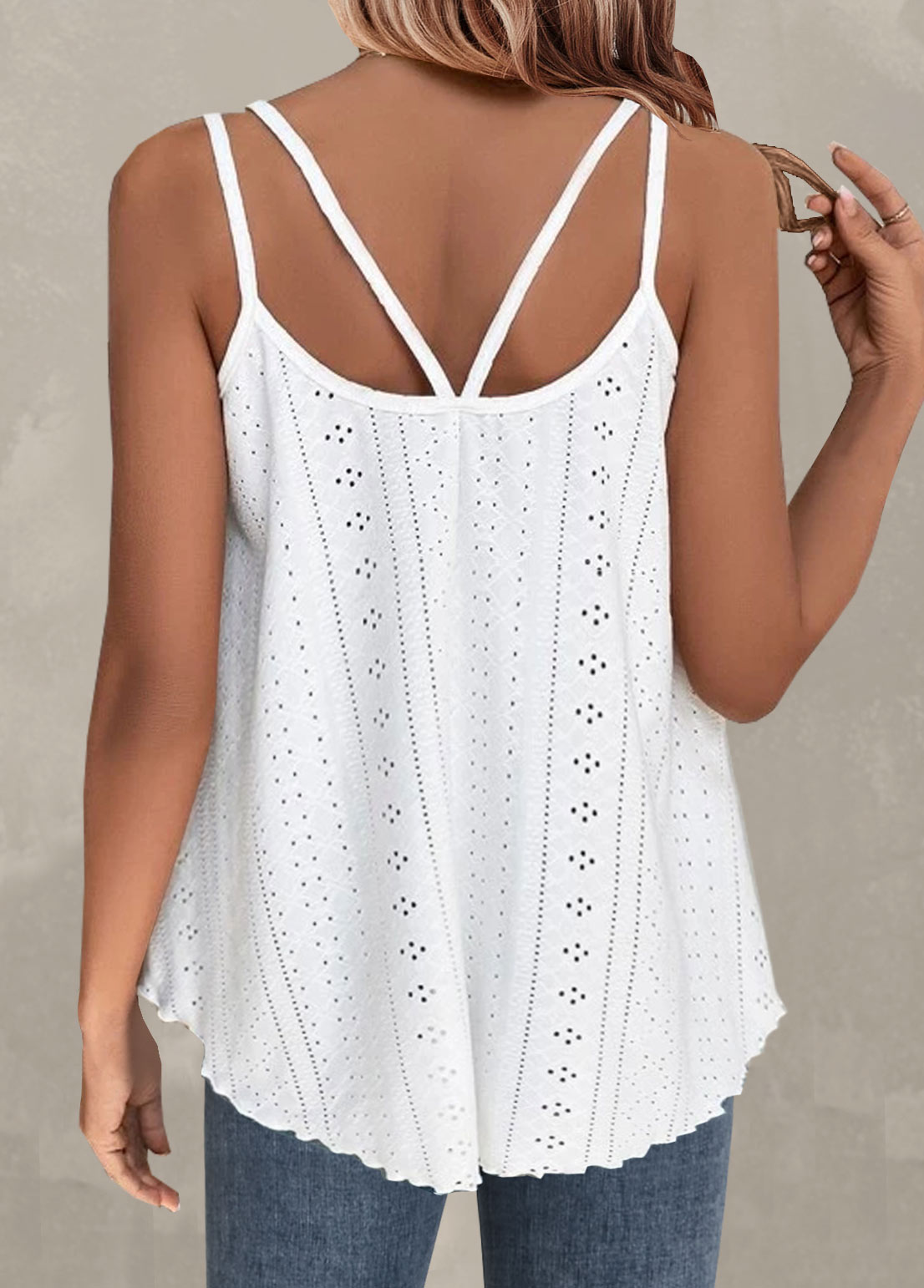 Hole Scoop Neck White Camisole Top