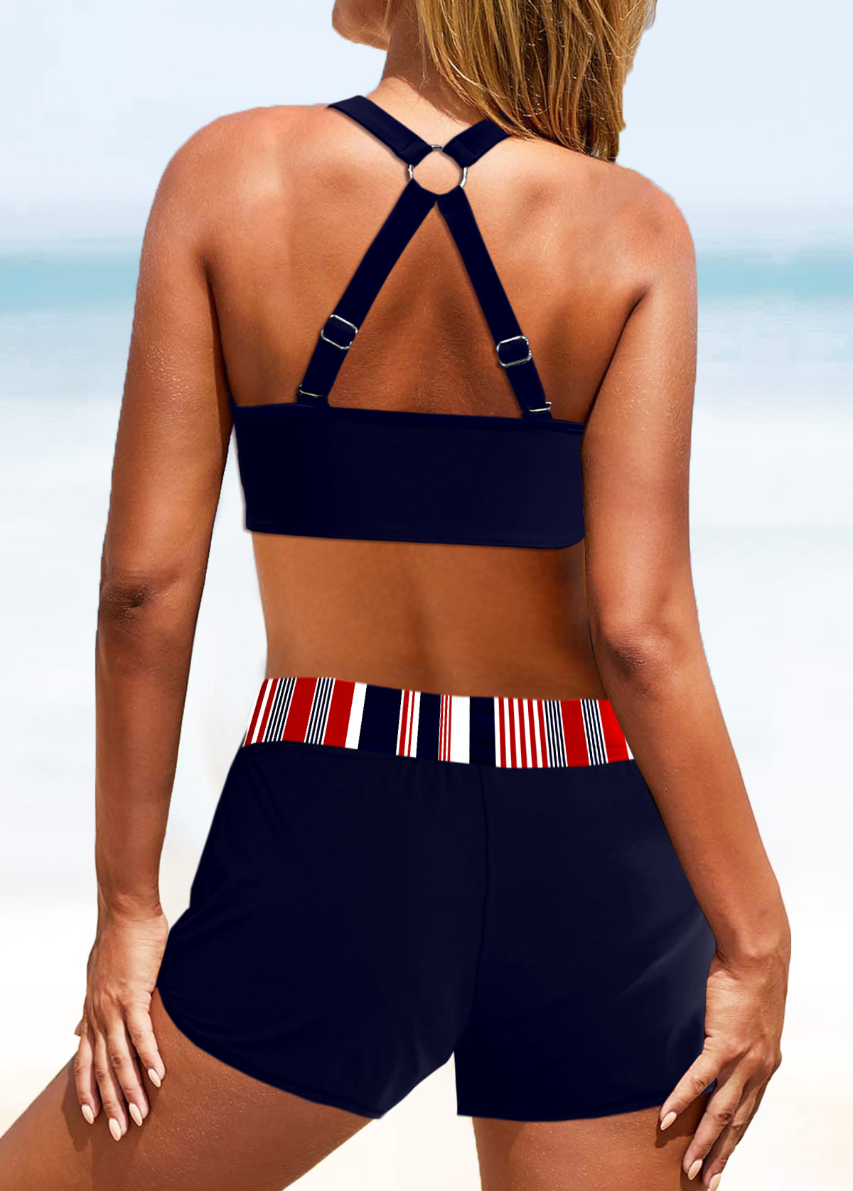 Striped Criss Cross Navy Bikini Set