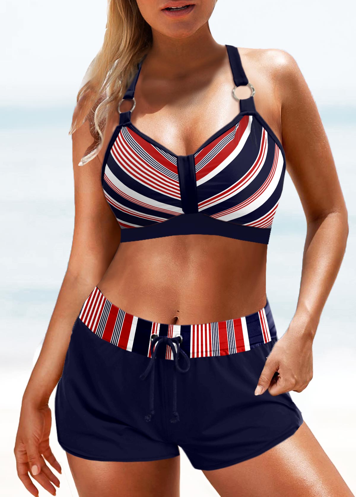 Striped Criss Cross Navy Bikini Set