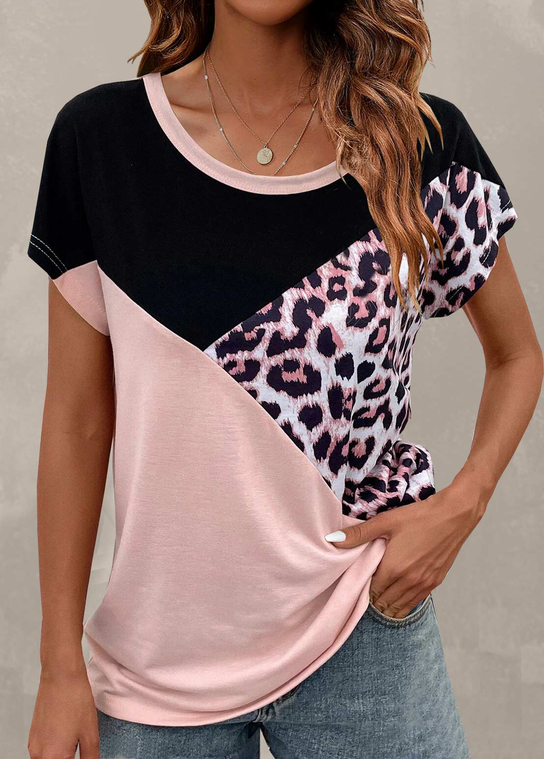 Light Pink Leopard Round Neck T Shirt