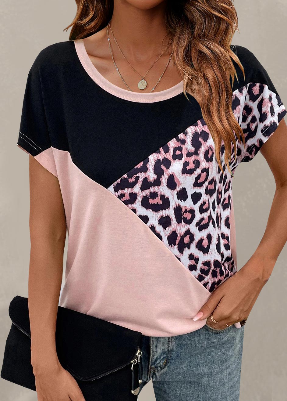 Light Pink Leopard Round Neck T Shirt
