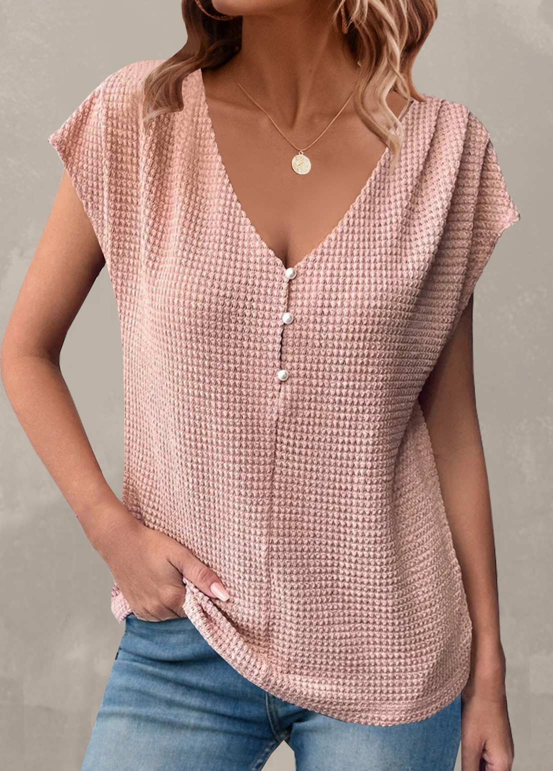 V Neck Button Dusty Pink T Shirt