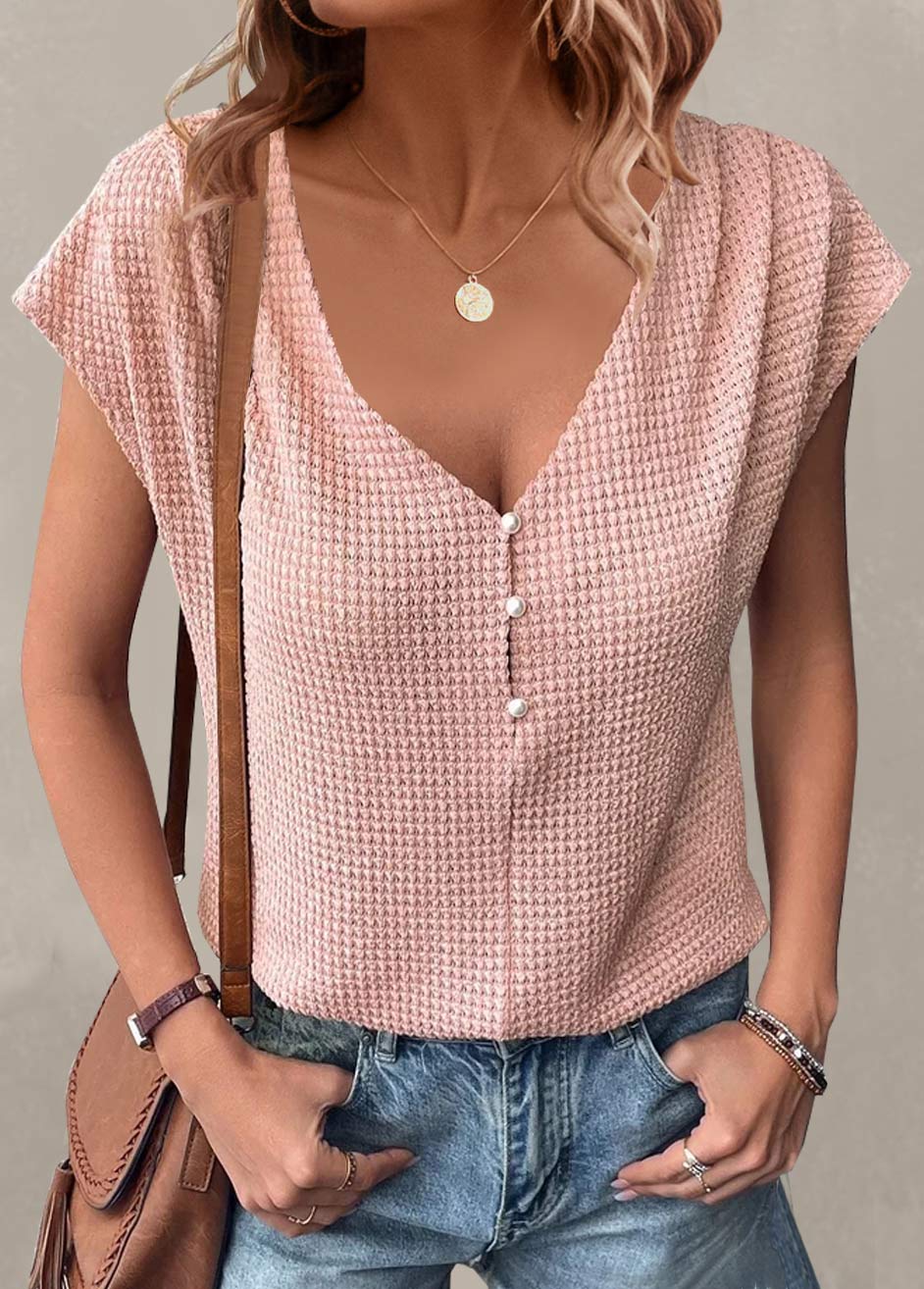 V Neck Button Dusty Pink T Shirt