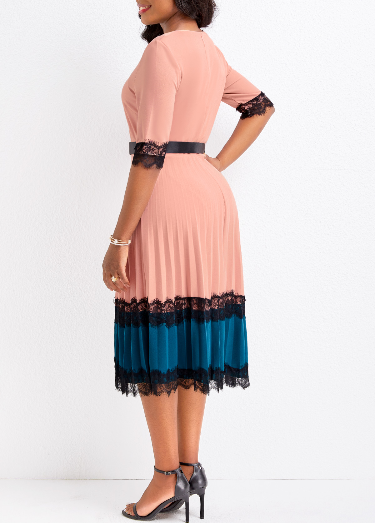 Lace Belted Dusty Pink Round Neck Dress