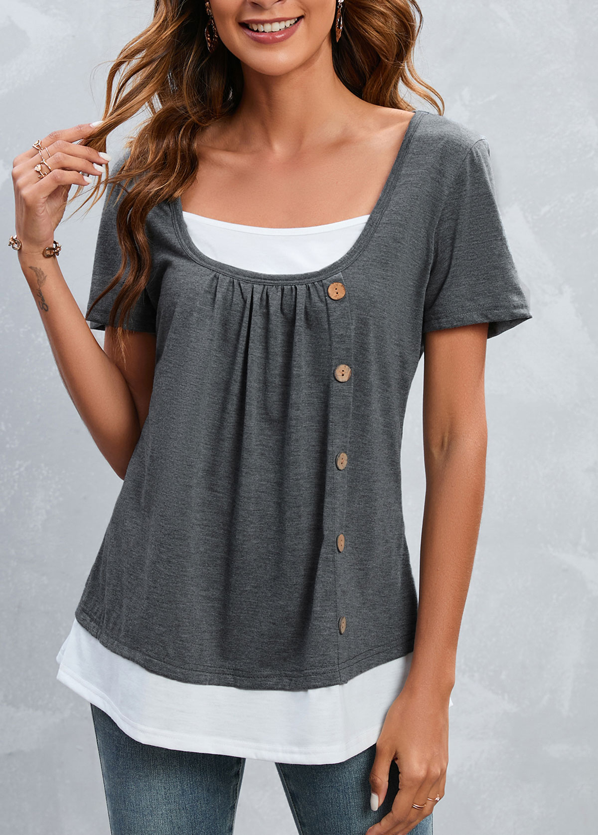 Grey Square Neck Short Sleeve Button T Shirt