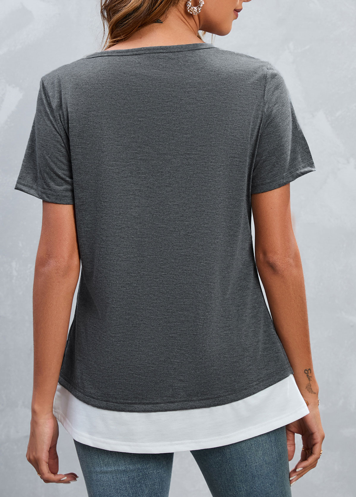 Grey Square Neck Short Sleeve Button T Shirt