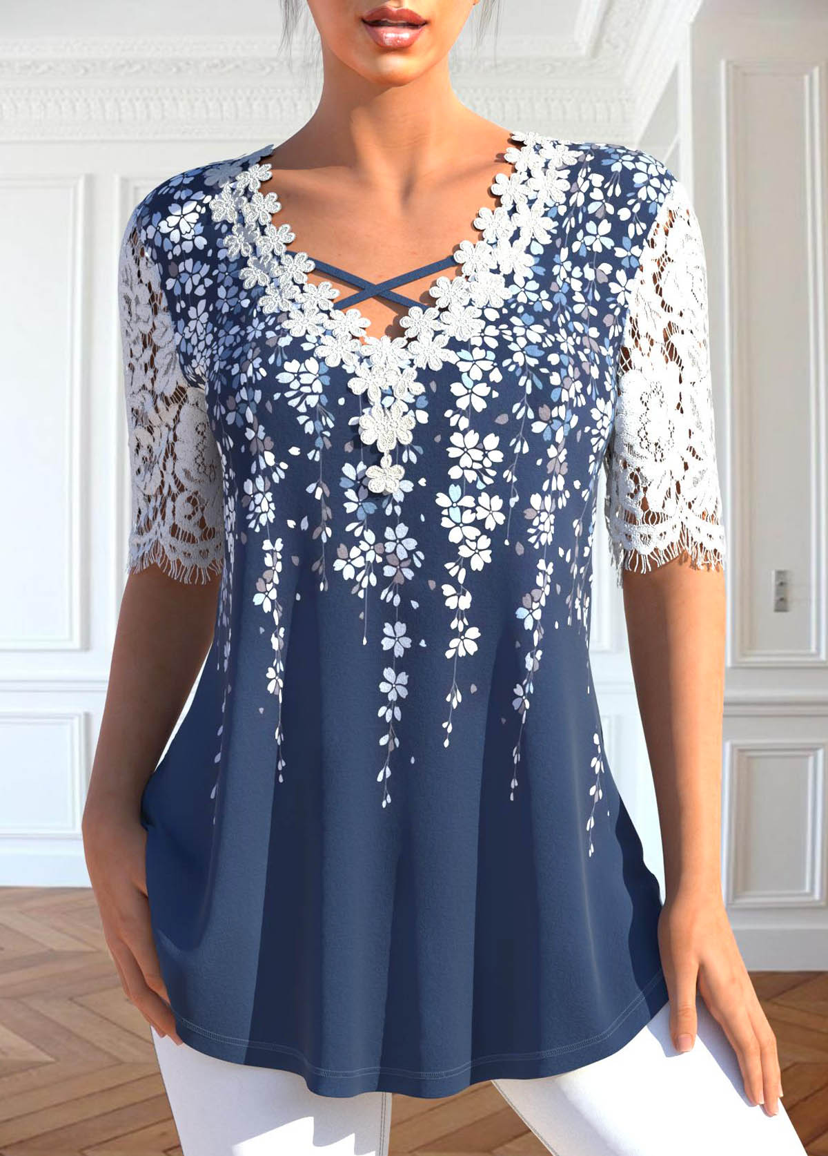 Floral Print Lace Blue V Neck T Shirt