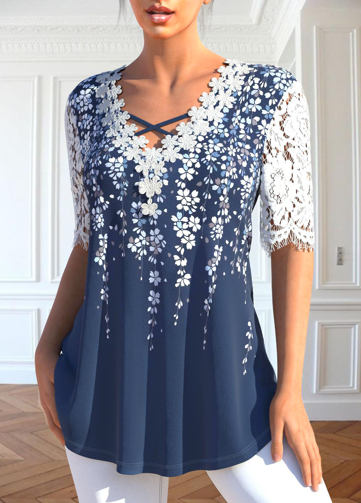 Floral Print Lace Blue V Neck T Shirt
