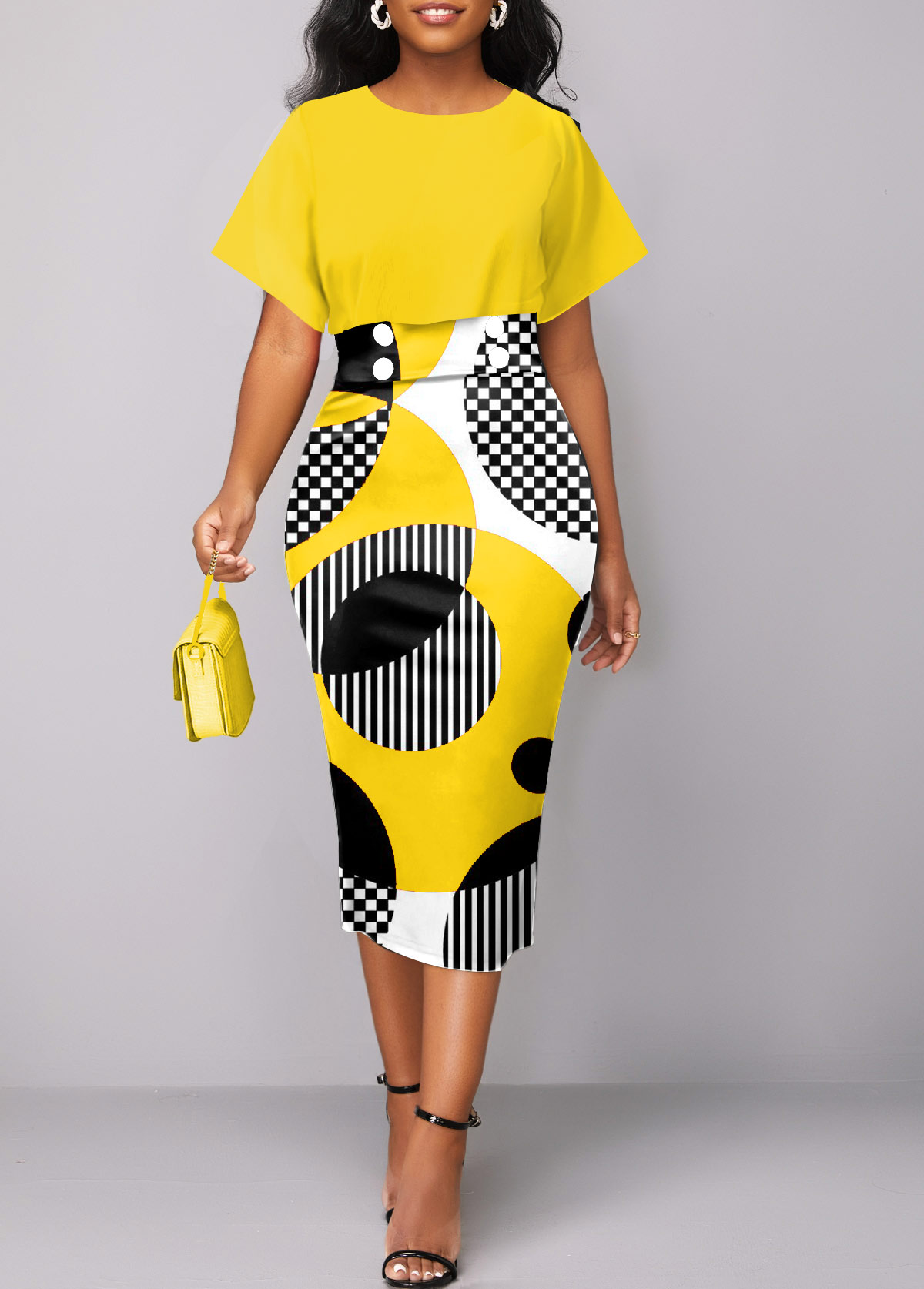 Geometric Print Round Neck Yellow Dress