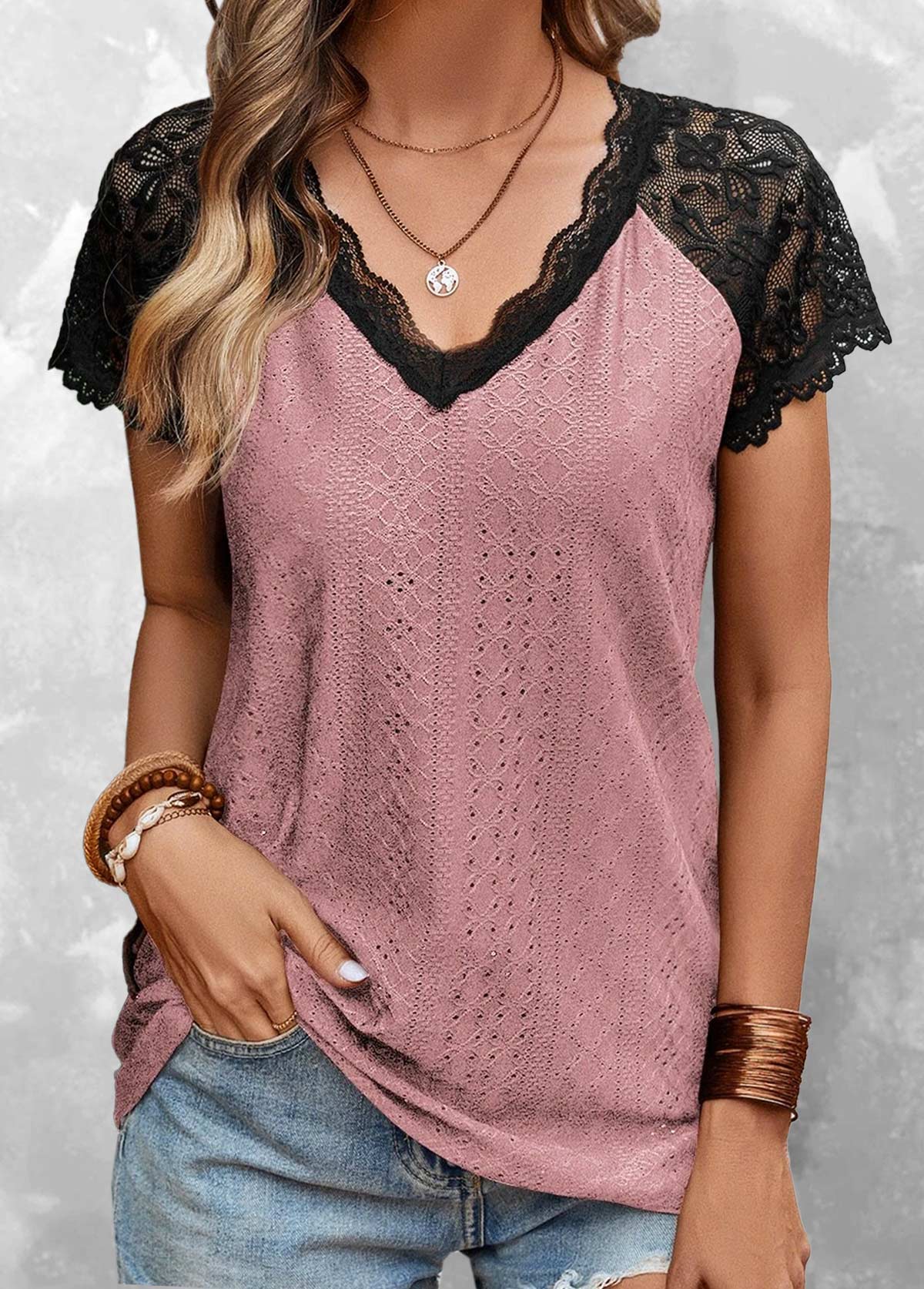 Pink V Neck Short Sleeve Lace T Shirt